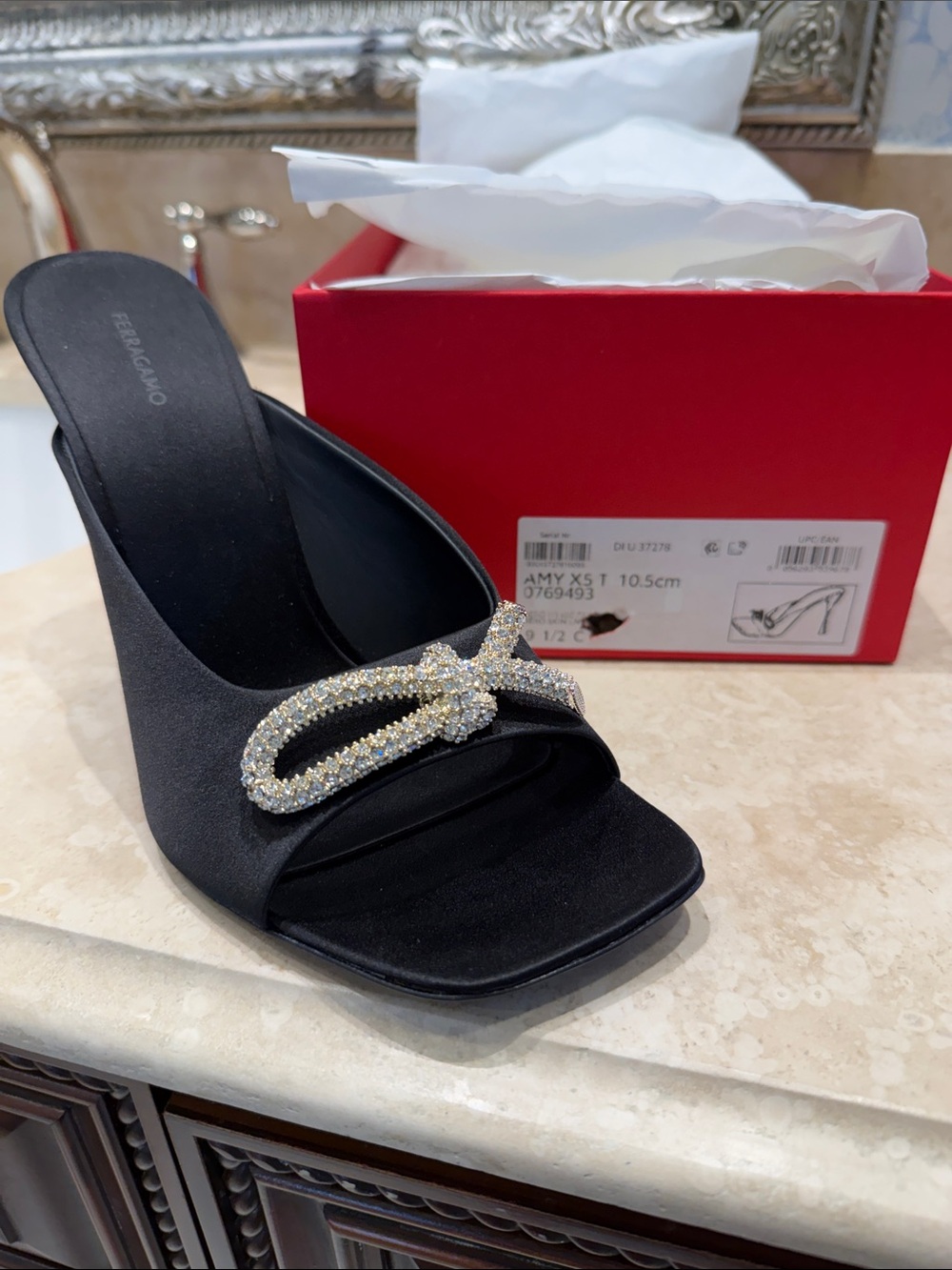 Salvatore Ferragamo Black Satin Slide Mules with Crystal Knot